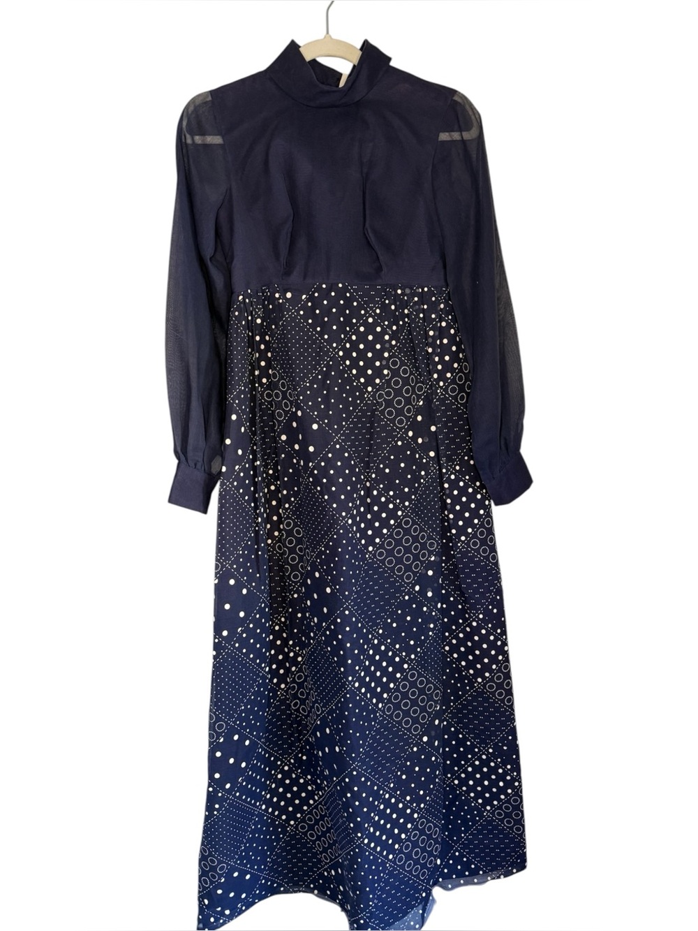 Vintage 70s Handmade Maxi Dress Empire Waist Navy Organza Sleeve Navy Size 6